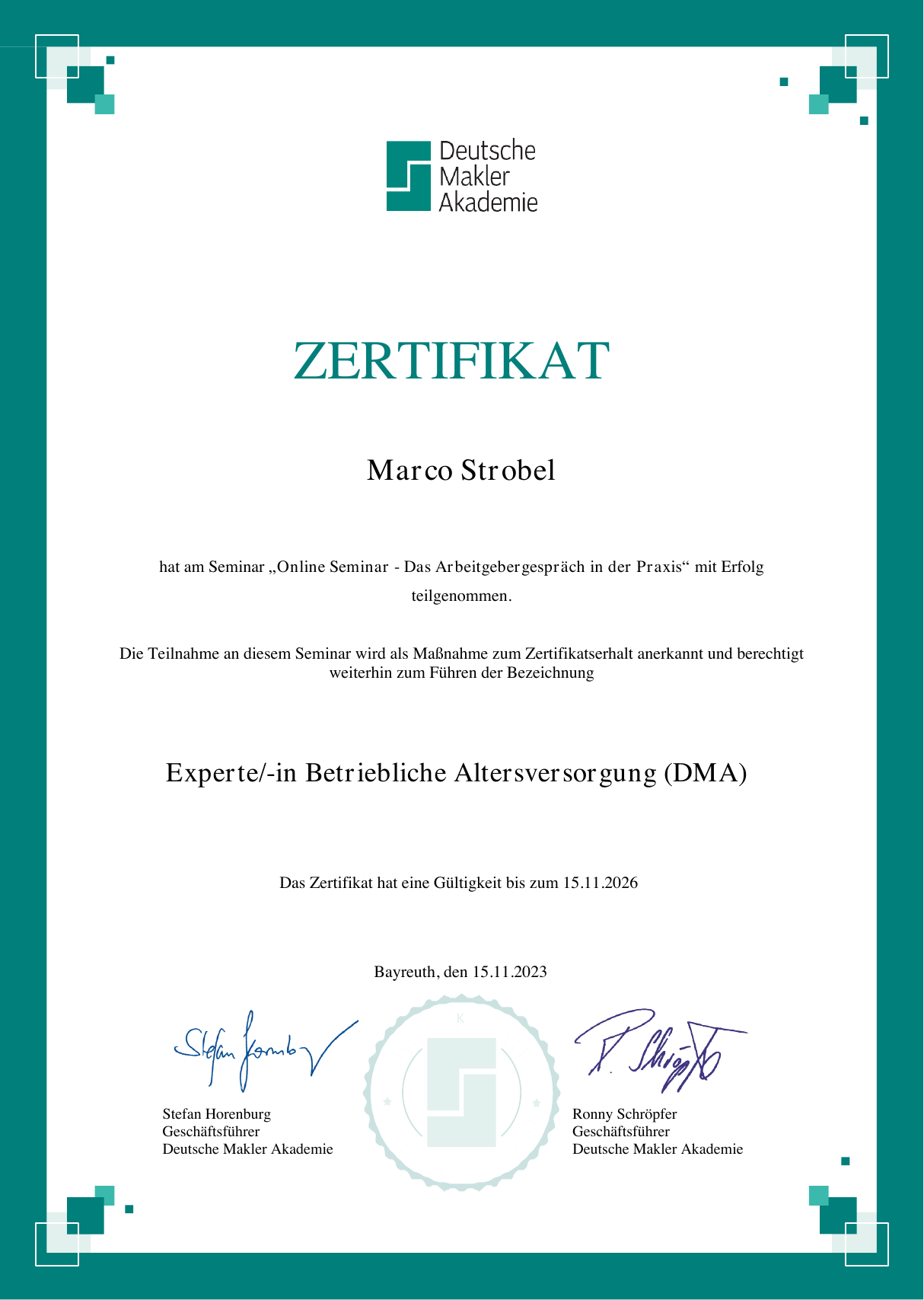 Vorschau des DMA-Zertifikats Experte Betriebliche Altersversorgung für Marco Strobel